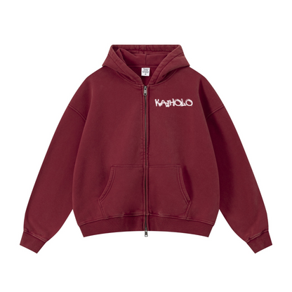 400GSM Unisex Vintage-Wash Boxy-Fit Zip-Up Hoodie Vintage Red