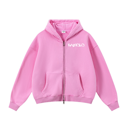 400GSM Unisex Vintage-Wash Boxy-Fit Zip-Up Hoodie Vintage Peach Pink