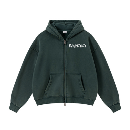 400GSM Unisex Vintage-Wash Boxy-Fit Zip-Up Hoodie Vintage Moss Green