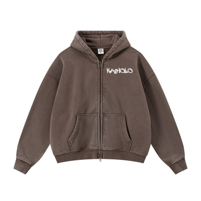 400GSM Unisex Vintage-Wash Boxy-Fit Zip-Up Hoodie Vintage Dark Brown