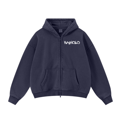 400GSM Unisex Vintage-Wash Boxy-Fit Zip-Up Hoodie Vintage Royal Blue