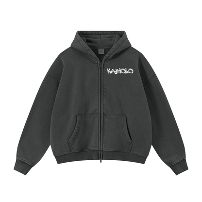 400GSM Unisex Vintage-Wash Boxy-Fit Zip-Up Hoodie Vintage Dark Grey