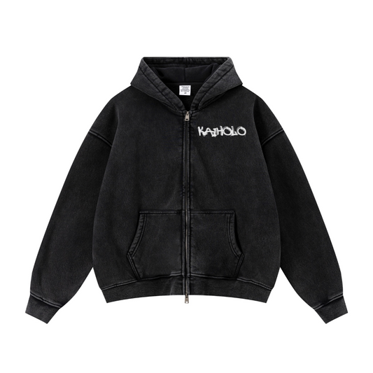 400GSM Unisex Vintage-Wash Boxy-Fit Zip-Up Hoodie Vintage Black